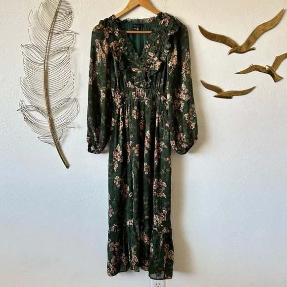 Current Air | Dresses | Current Air Forest Dress Floral Sheer Long Sleeve  Midi Dress | Poshmark